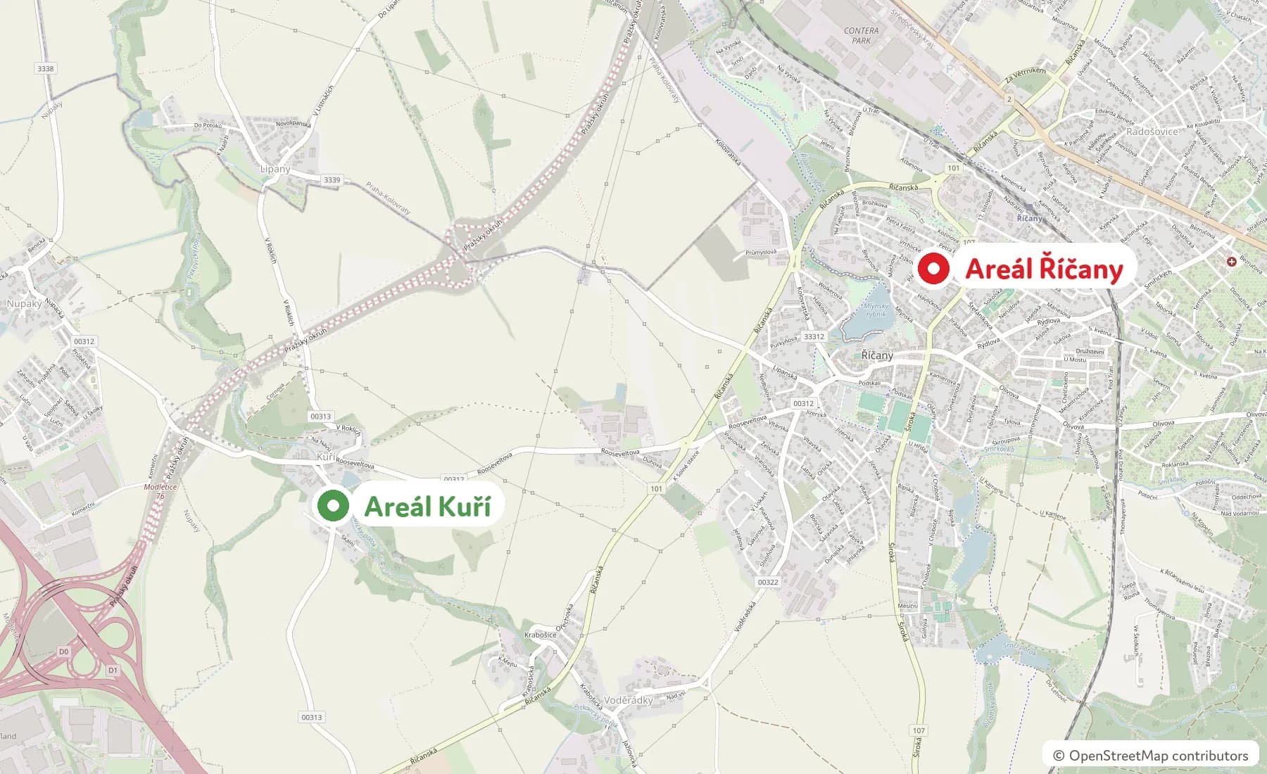 Mapa: areál Říčany (Žižkova) a areál Kuří (Květná), asi tři kilometry od sebe.