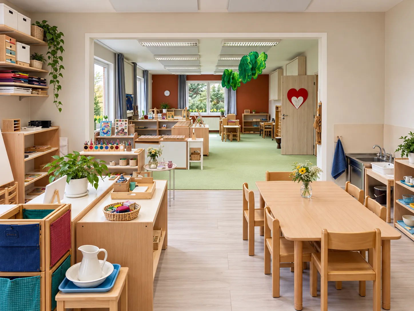 Montessori třída s nízkými poličkami s pomůckami, stolky a židličkami pro děti.
