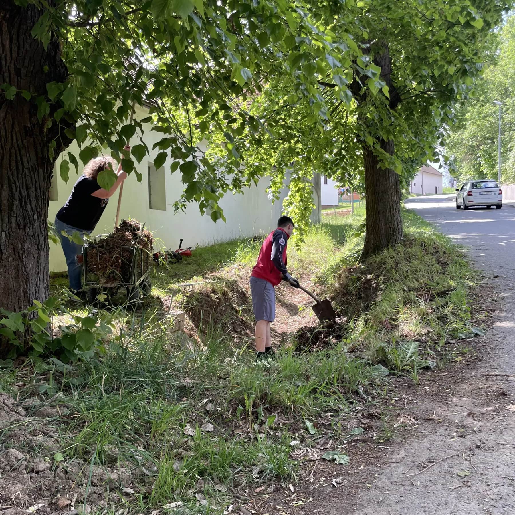 Dobrovolníci společnosti GrECo Services upravují pozemek přírodní zahrady ZŠ Sofie.